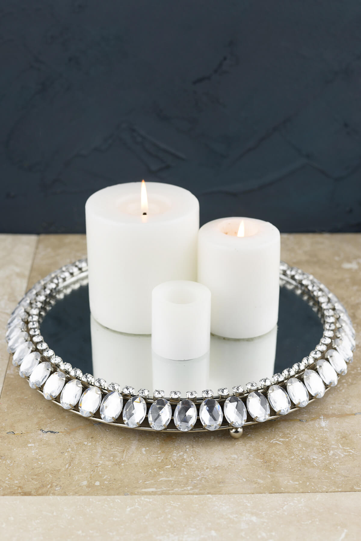 Round Crystal Framed 12" Mirror Pillar Candle Holder