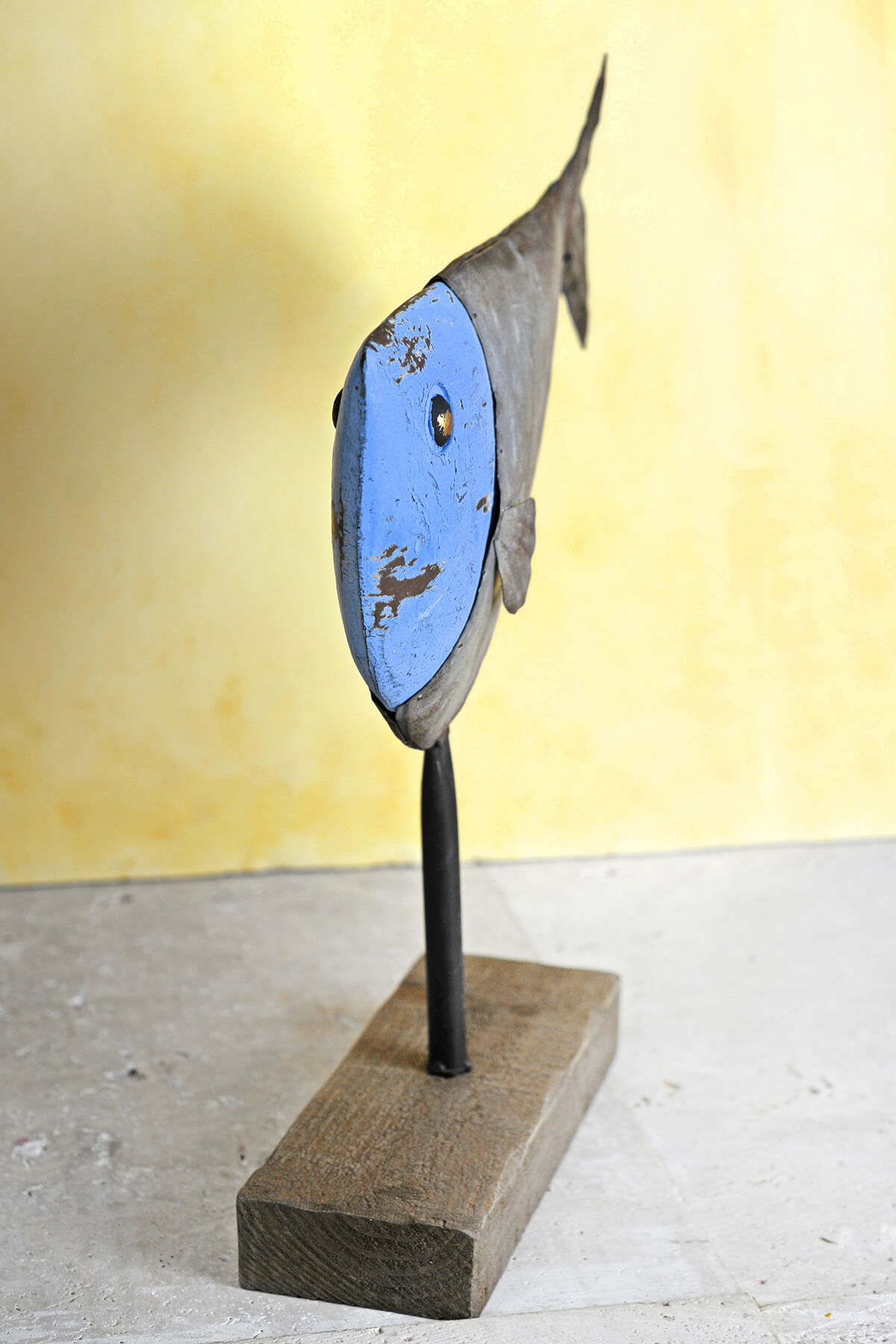 Folk Art Metal Fish Sculpture on Wood Stand