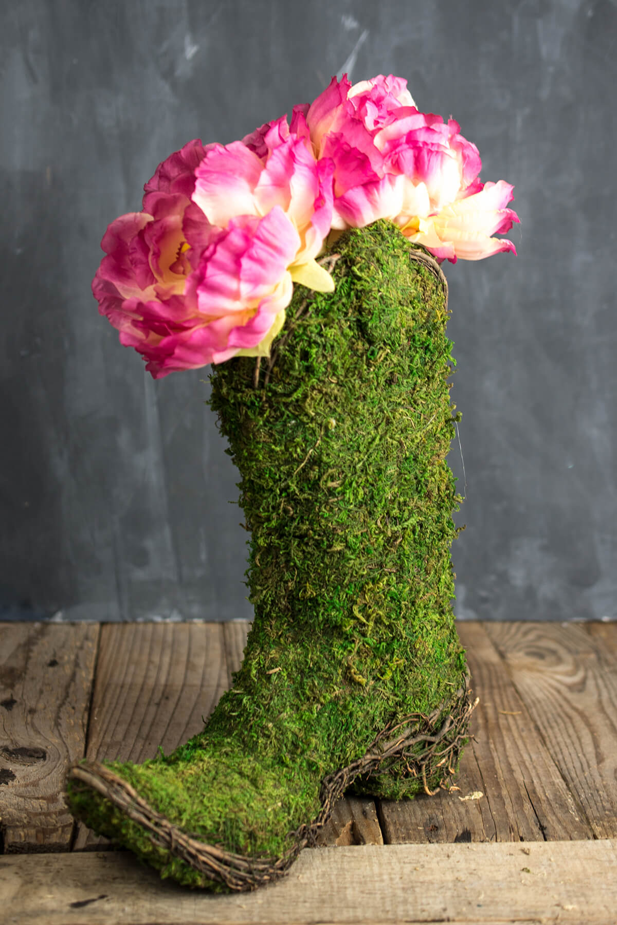 Moss Covered Cowboy Boot Topiary Pot  13in