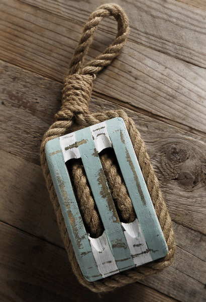 Ships Wood Pulley with Rope, Blue & White, Nautical Decor