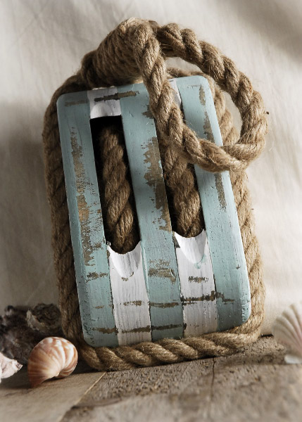 Ships Wood Pulley with Rope, Blue &amp; White, Nautical Decor