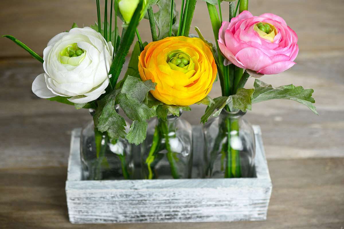 Spring Flowers 3 Bottles in a Wood Tray