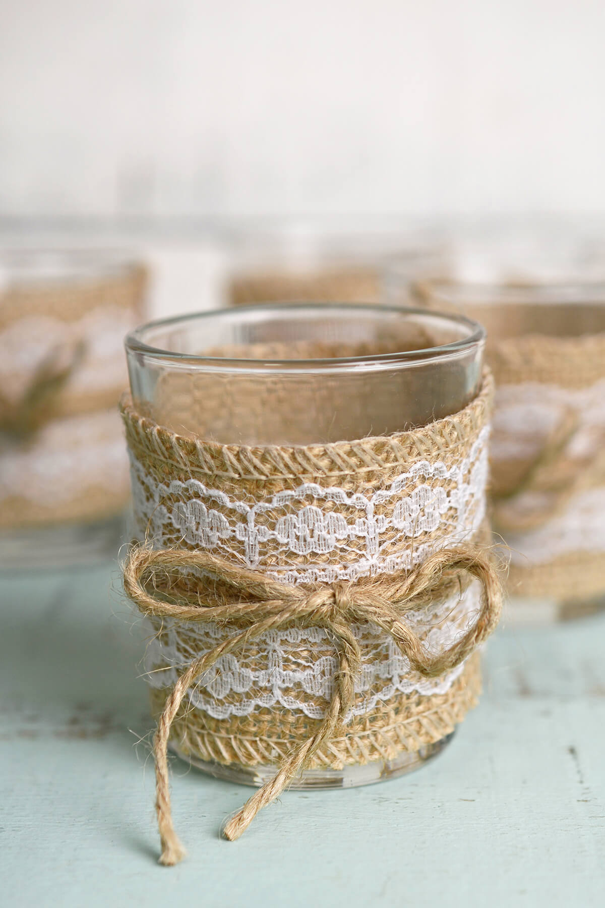 12 Burlap and Lace Votive Candle Holders