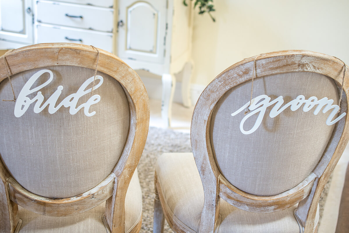 Bride And Groom Chair Signs Wood White Script 9081